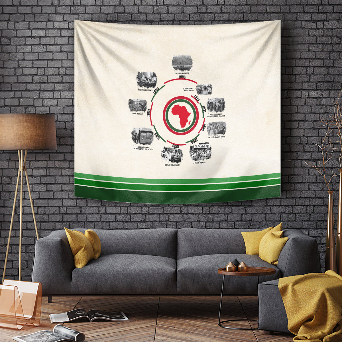Beige wall tapestry with circular African map medallion, ring of icons, and green stripe