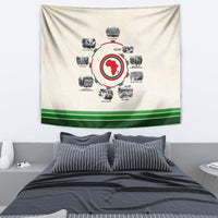 Beige tapestry with circular Africa map center and green striped border at bottom