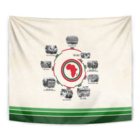 Beige tapestry with circular African map graphic and green bottom stripe