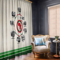 Beige curtain panels with African map timeline print, red circle accents and green bottom stripe