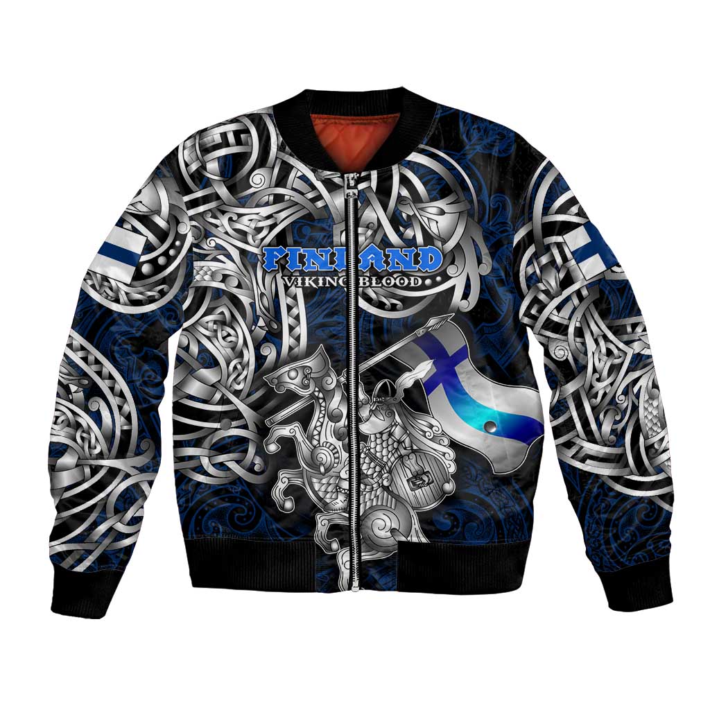 Personalized Finland Viking Blood Bomber Jacket Nordic Runes and Shield of Ancestry in Tribal Knotwork