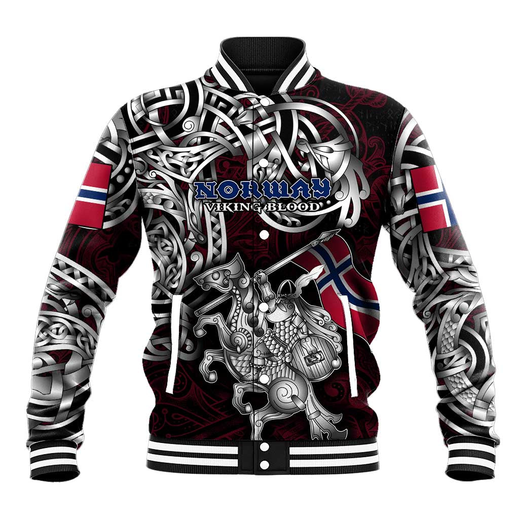 Personalized Norway Viking Blood Baseball Jacket Nordic Runes and Shield of Ancestry in Tribal Knotwork