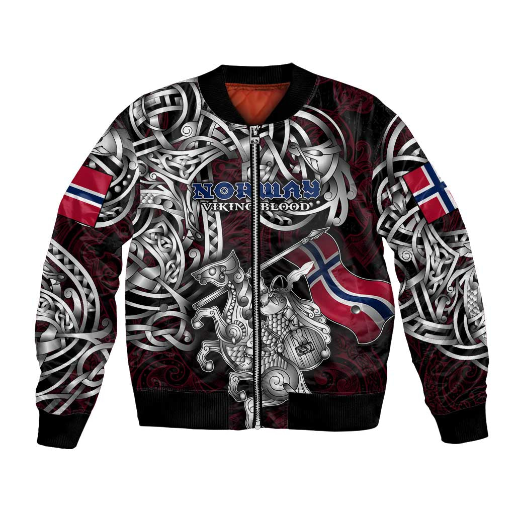 Personalized Norway Viking Blood Bomber Jacket Nordic Runes and Shield of Ancestry in Tribal Knotwork