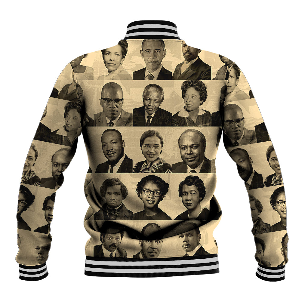 Baseball jacket back with tan photo-collage graphic and black striped ribbed hem and cuffs