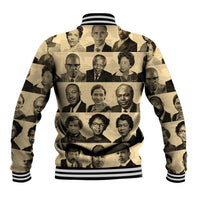 Baseball jacket back with tan photo-collage graphic and black striped ribbed hem and cuffs
