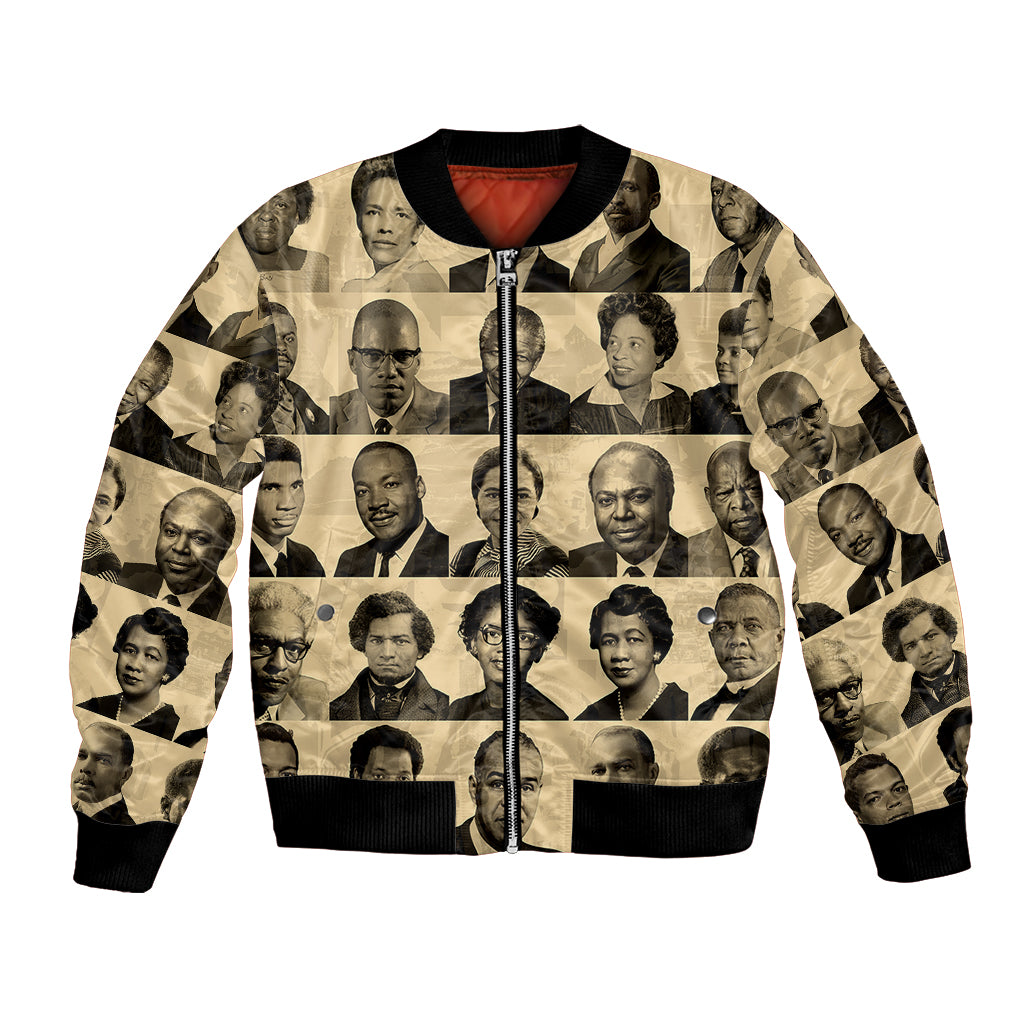 Unisex bomber jacket with black ribbed collar and cuffs, front zip, sepia civil-rights portrait print
