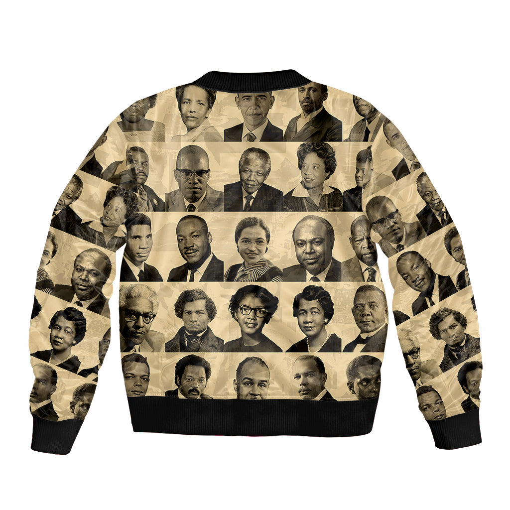 Unisex bomber jacket with black ribbed trim and front zip, sepia portrait collage across the body