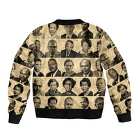 Unisex bomber jacket with black ribbed trim and front zip, sepia portrait collage across the body