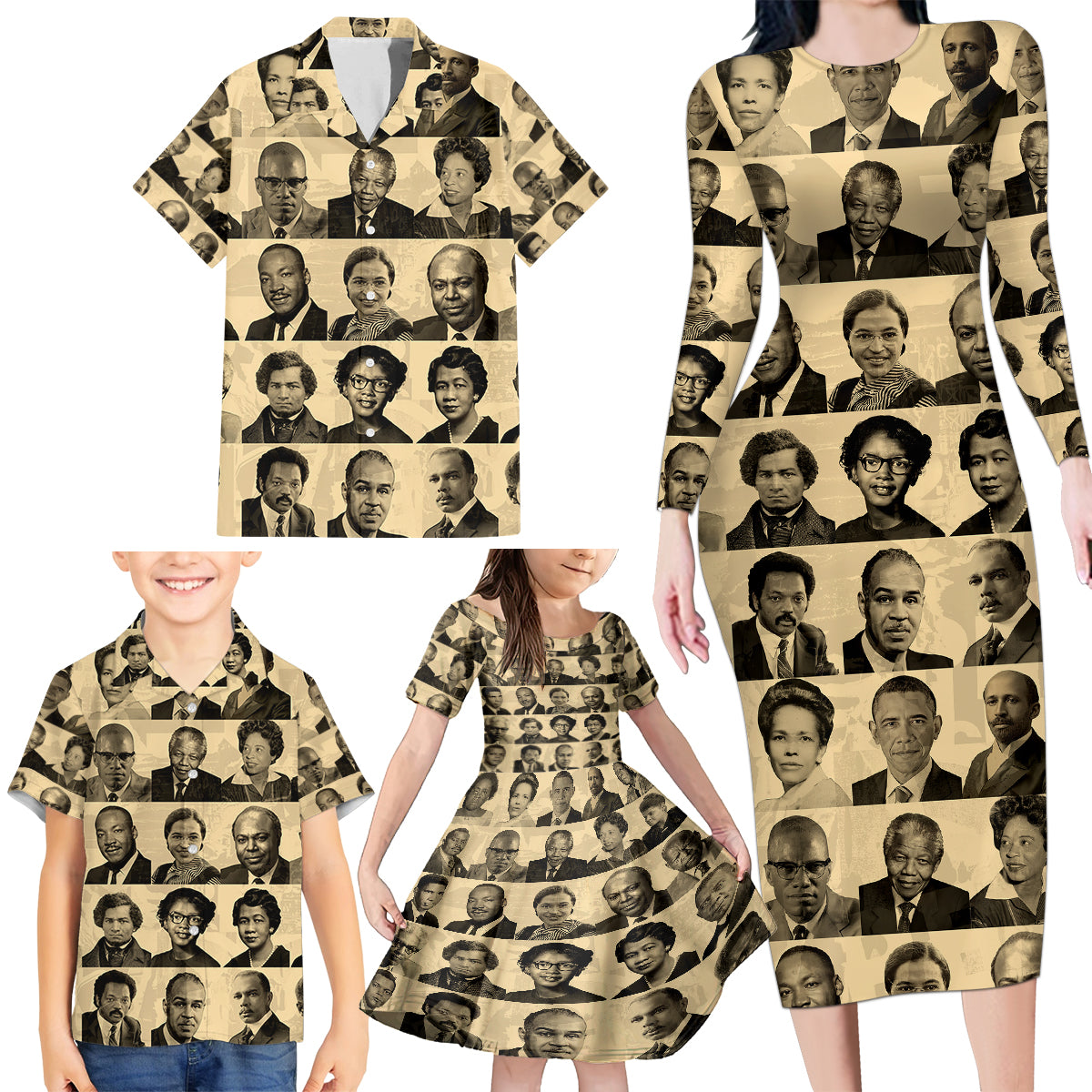 Civil Rights Leaders Family Matching Long Sleeve Bodycon Dress and Hawaiian Shirt African-American - Wonder Print Shop