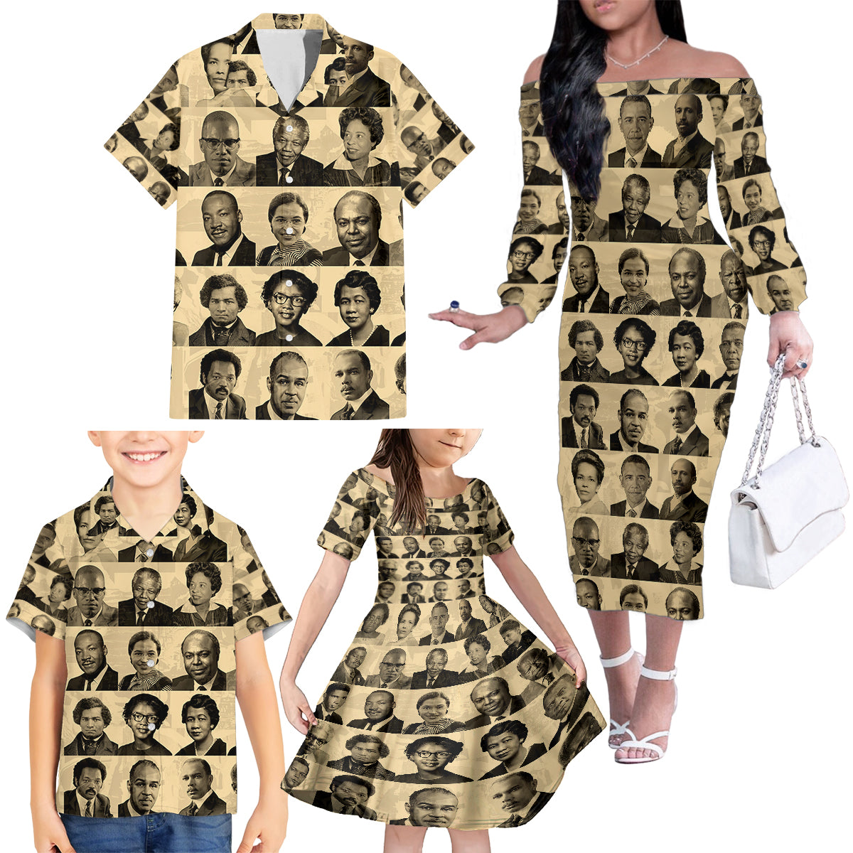 Civil Rights Leaders Family Matching Off Shoulder Long Sleeve Dress and Hawaiian Shirt African-American - Wonder Print Shop