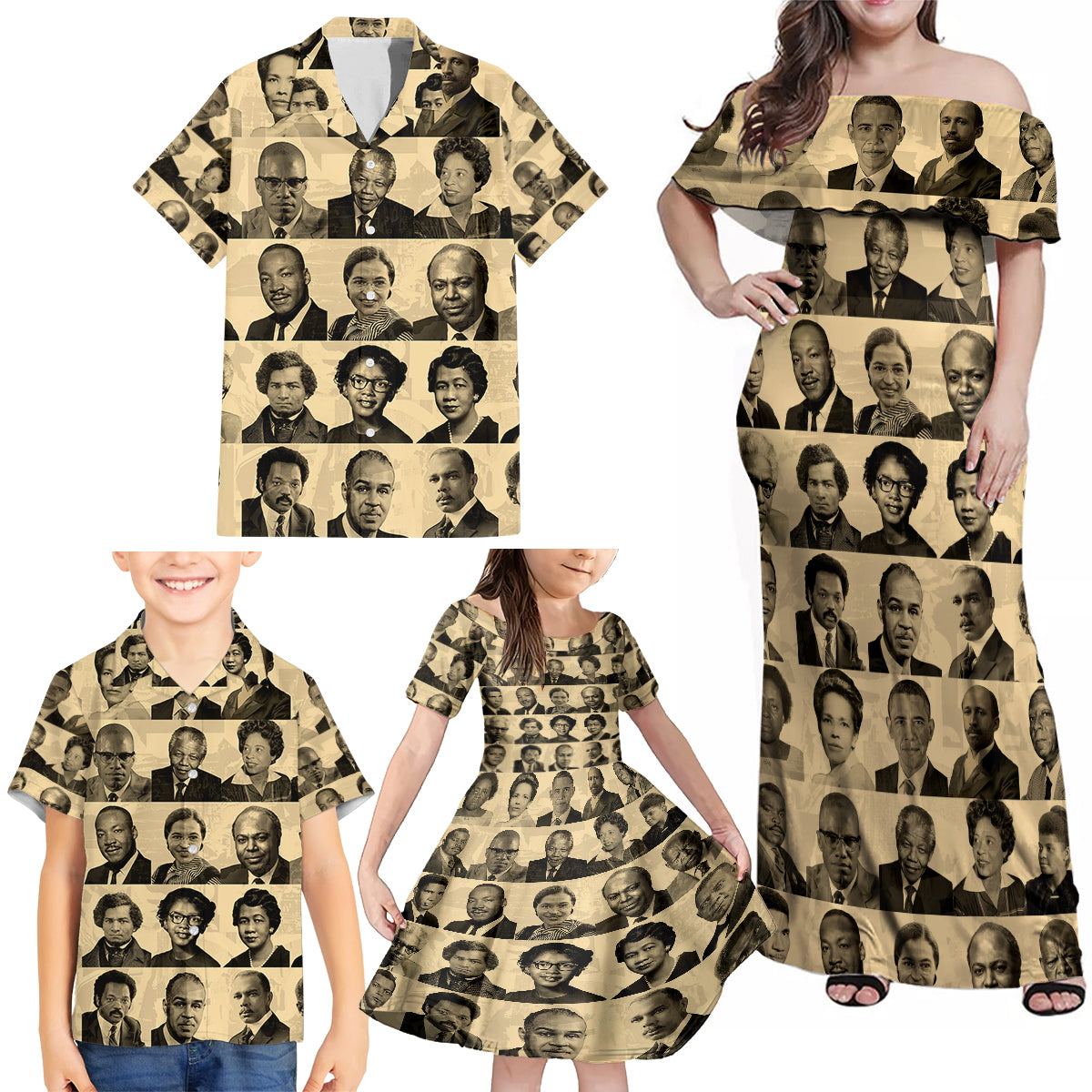 Civil Rights Leaders Family Matching Off Shoulder Maxi Dress and Hawaiian Shirt African-American - Wonder Print Shop