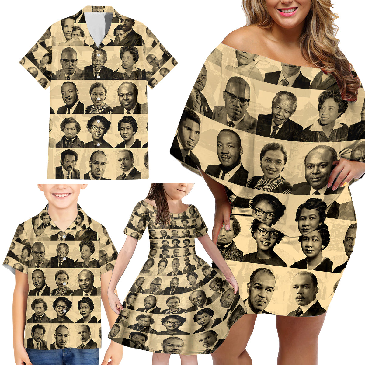 Civil Rights Leaders Family Matching Off Shoulder Short Dress and Hawaiian Shirt African-American - Wonder Print Shop