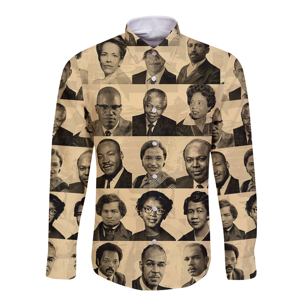 Long sleeve button shirt with sepia civil rights portrait collage on tan background