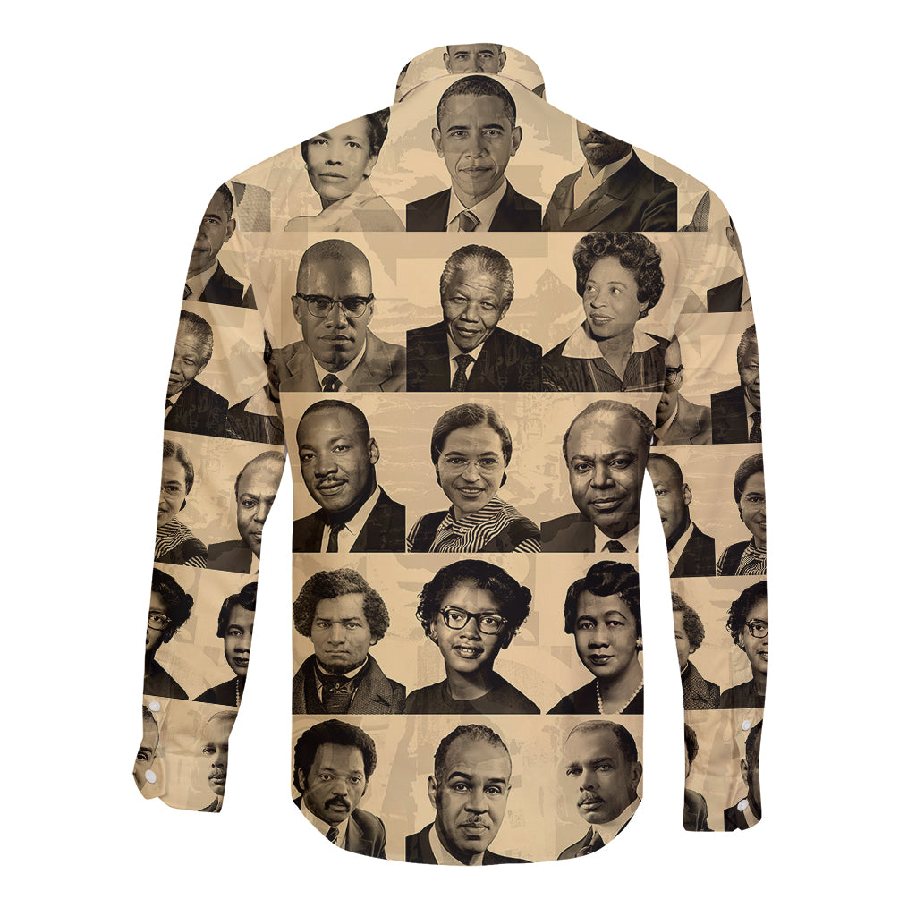 Long sleeve button shirt with sepia portrait collage and pointed collar on tan