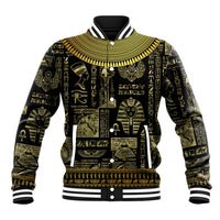 Unisex baseball jacket in black with gold Egyptian hieroglyphs, striped ribbed collar cuffs