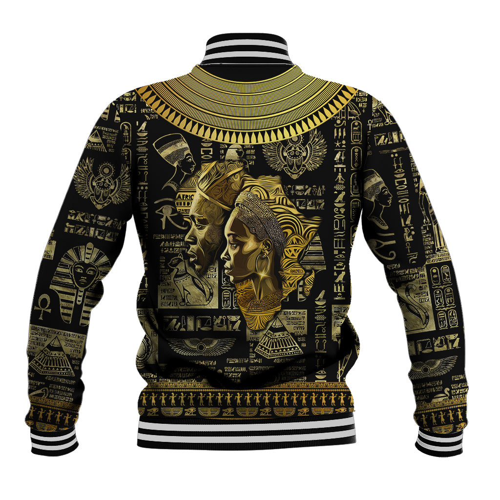 Unisex baseball jacket back in black with gold Egyptian faces and symbols, striped ribbed hem cuffs