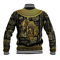 Unisex baseball jacket back in black with gold Egyptian faces and symbols, striped ribbed hem cuffs