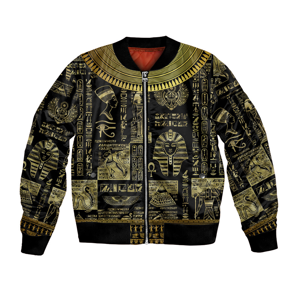 Unisex bomber jacket with gold Egyptian pharaoh hieroglyphs and symbols, zip front