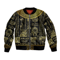 Unisex bomber jacket with gold Egyptian pharaoh hieroglyphs and symbols, zip front