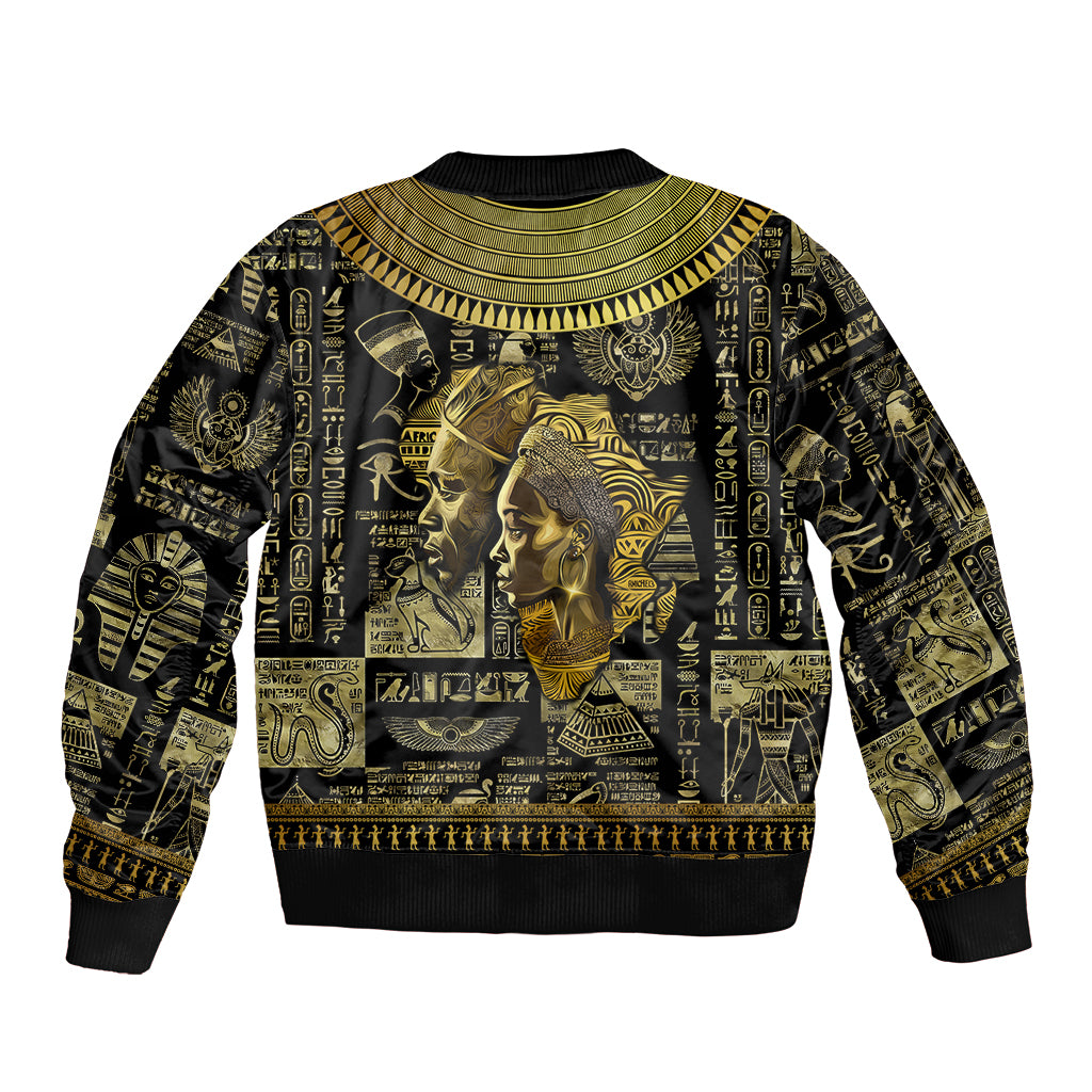 Unisex bomber jacket with gold pharaoh portraits, hieroglyphs, and zip front