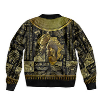 Unisex bomber jacket with gold pharaoh portraits, hieroglyphs, and zip front