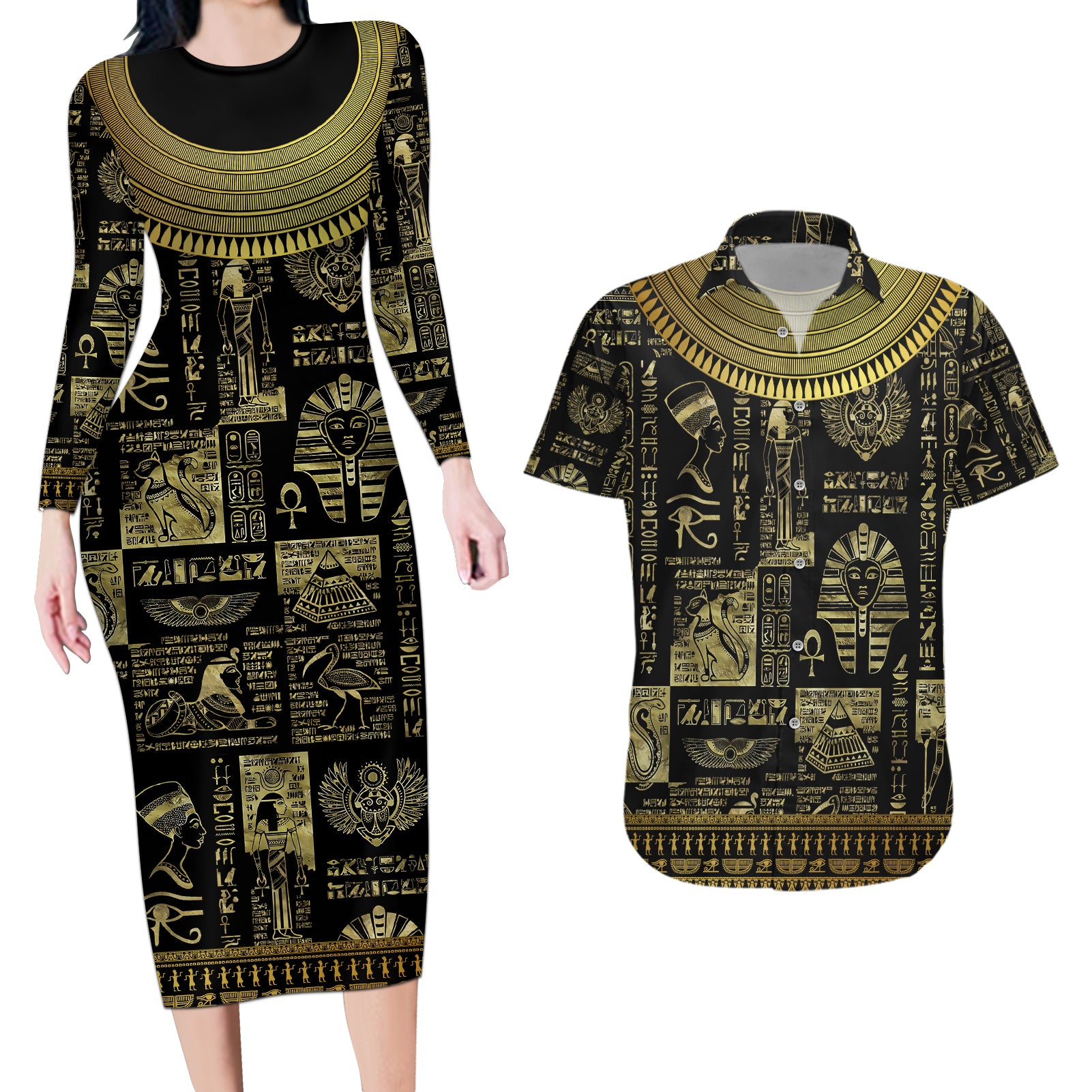 Egypt Pharaoh Couples Matching Long Sleeve Bodycon Dress and Hawaiian Shirt Egyptian Hieroglyphs and Symbols - Wonder Print Shop