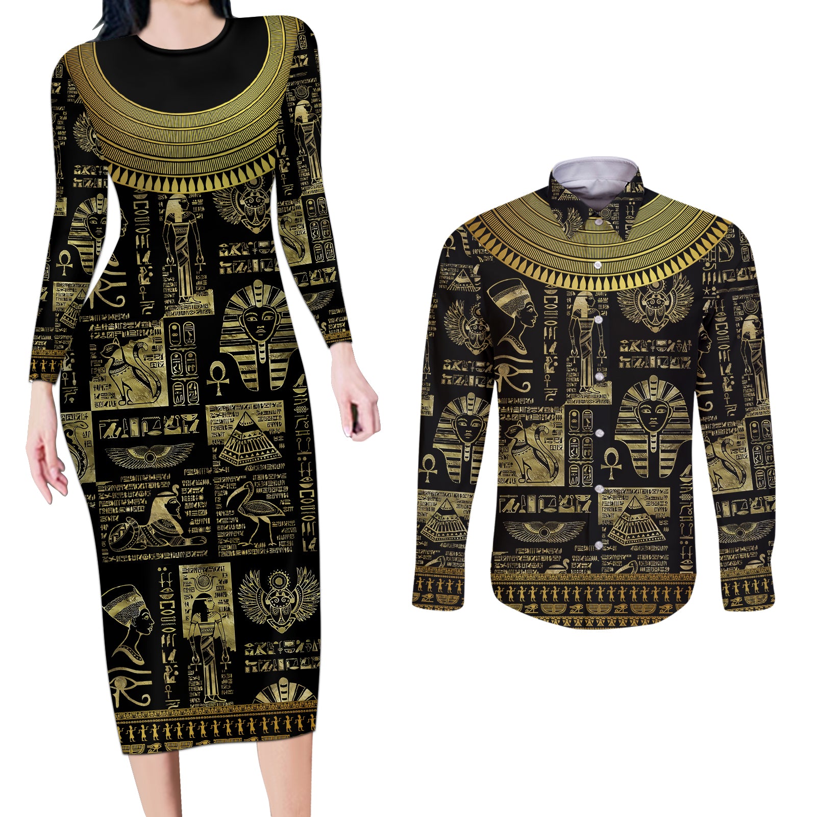 Egypt Pharaoh Couples Matching Long Sleeve Bodycon Dress and Long Sleeve Button Shirts Egyptian Hieroglyphs and Symbols - Wonder Print Shop