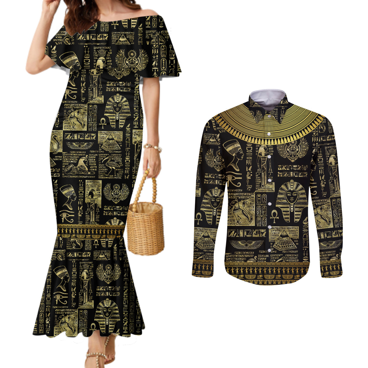 egypt-pharaoh-couples-matching-mermaid-dress-and-long-sleeve-button-shirts-egyptian-hieroglyphs-and-symbols