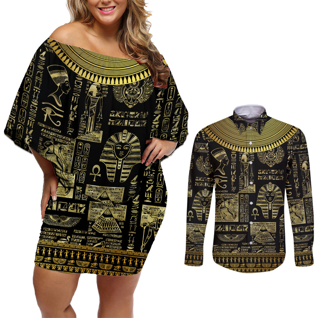 Egypt Pharaoh Couples Matching Off Shoulder Short Dress and Long Sleeve Button Shirts Egyptian Hieroglyphs and Symbols - Wonder Print Shop