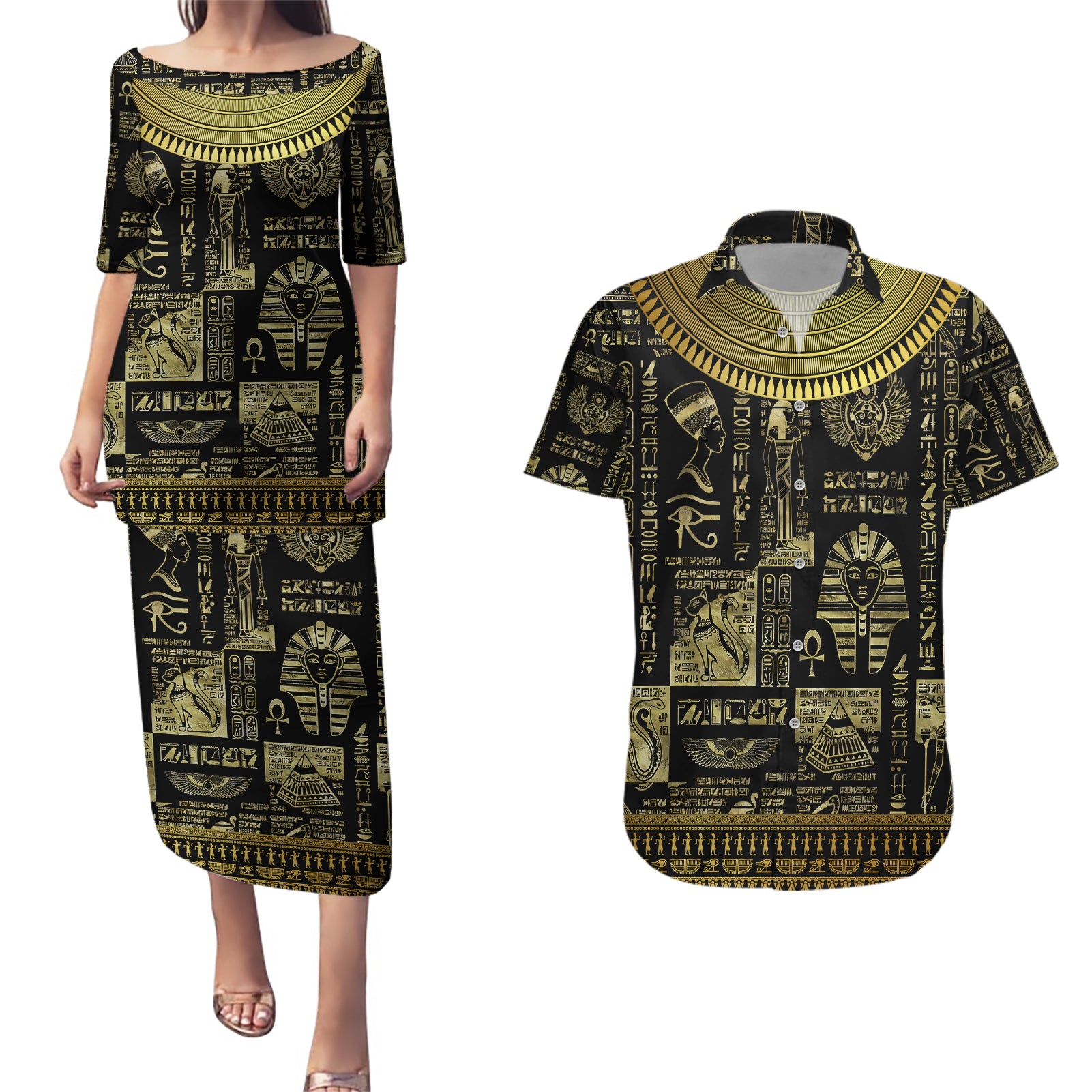 Egypt Pharaoh Couples Matching Puletasi Dress and Hawaiian Shirt Egyptian Hieroglyphs and Symbols - Wonder Print Shop