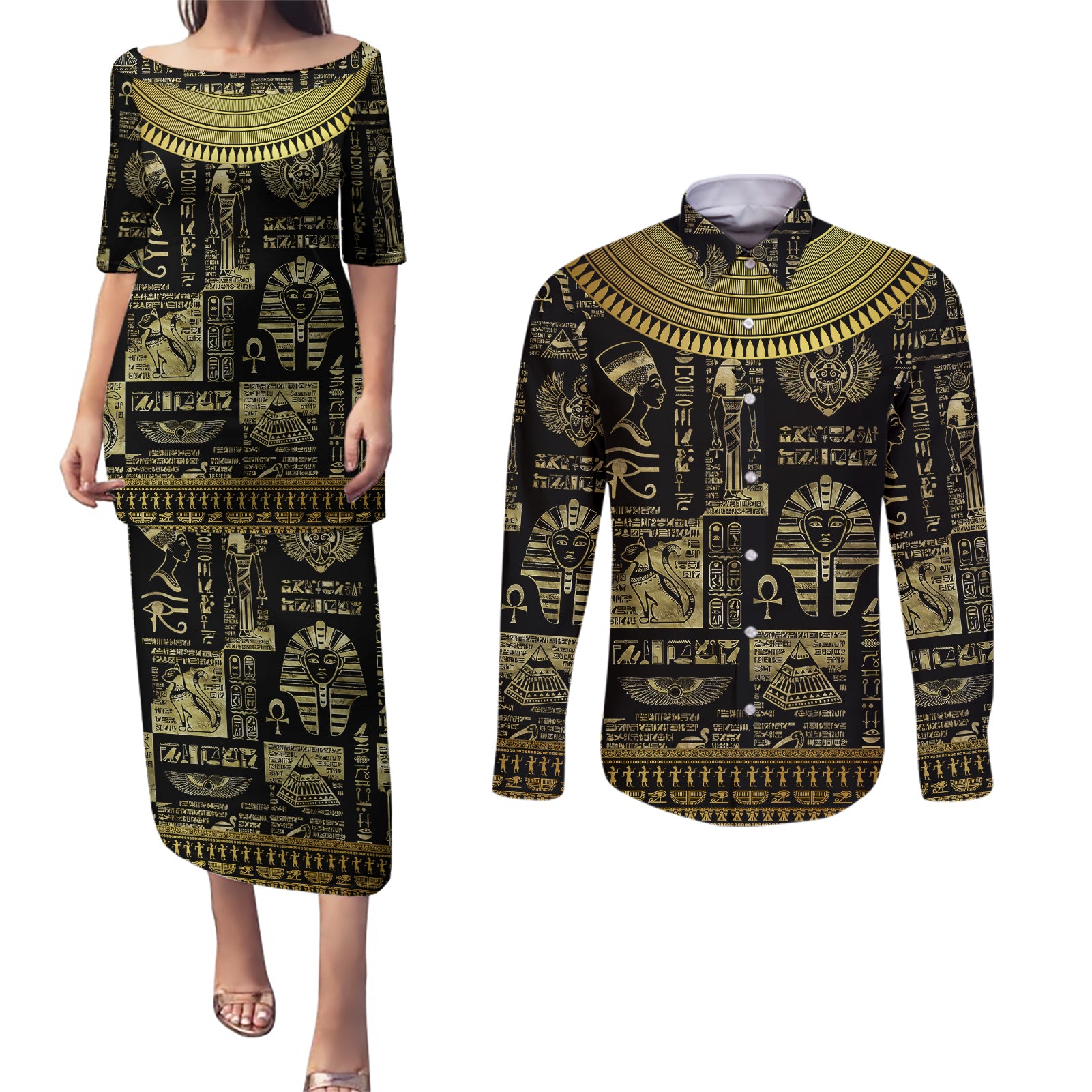 Egypt Pharaoh Couples Matching Puletasi Dress and Long Sleeve Button Shirts Egyptian Hieroglyphs and Symbols - Wonder Print Shop