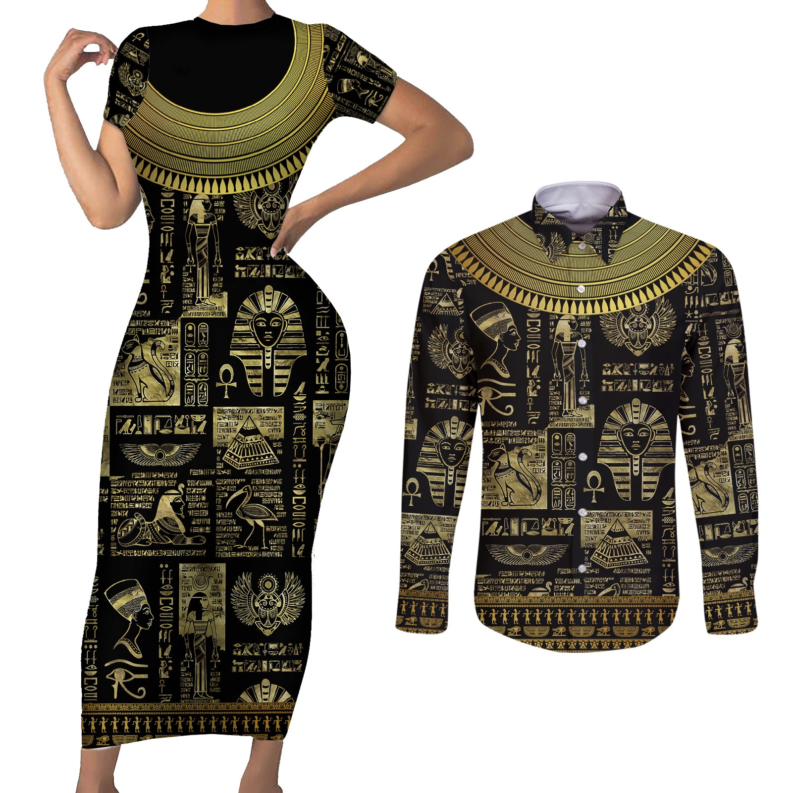 Egypt Pharaoh Couples Matching Short Sleeve Bodycon Dress and Long Sleeve Button Shirts Egyptian Hieroglyphs and Symbols - Wonder Print Shop