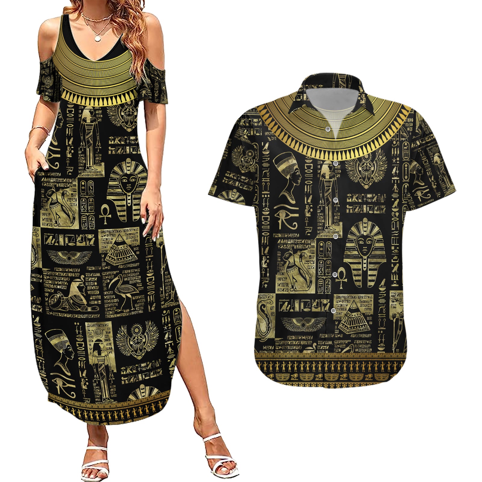 Egypt Pharaoh Couples Matching Summer Maxi Dress and Hawaiian Shirt Egyptian Hieroglyphs and Symbols - Wonder Print Shop