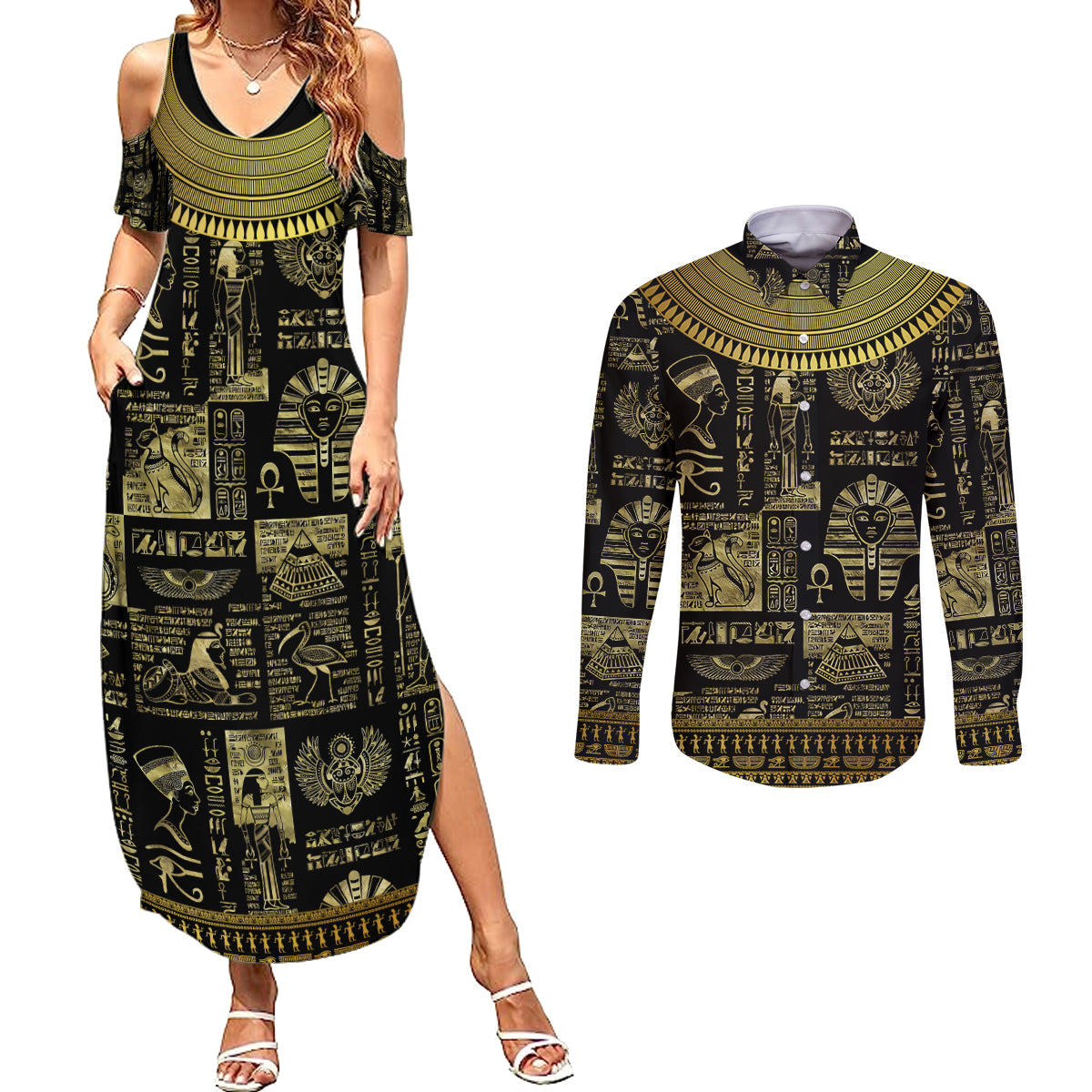 Egypt Pharaoh Couples Matching Summer Maxi Dress and Long Sleeve Button Shirts Egyptian Hieroglyphs and Symbols - Wonder Print Shop