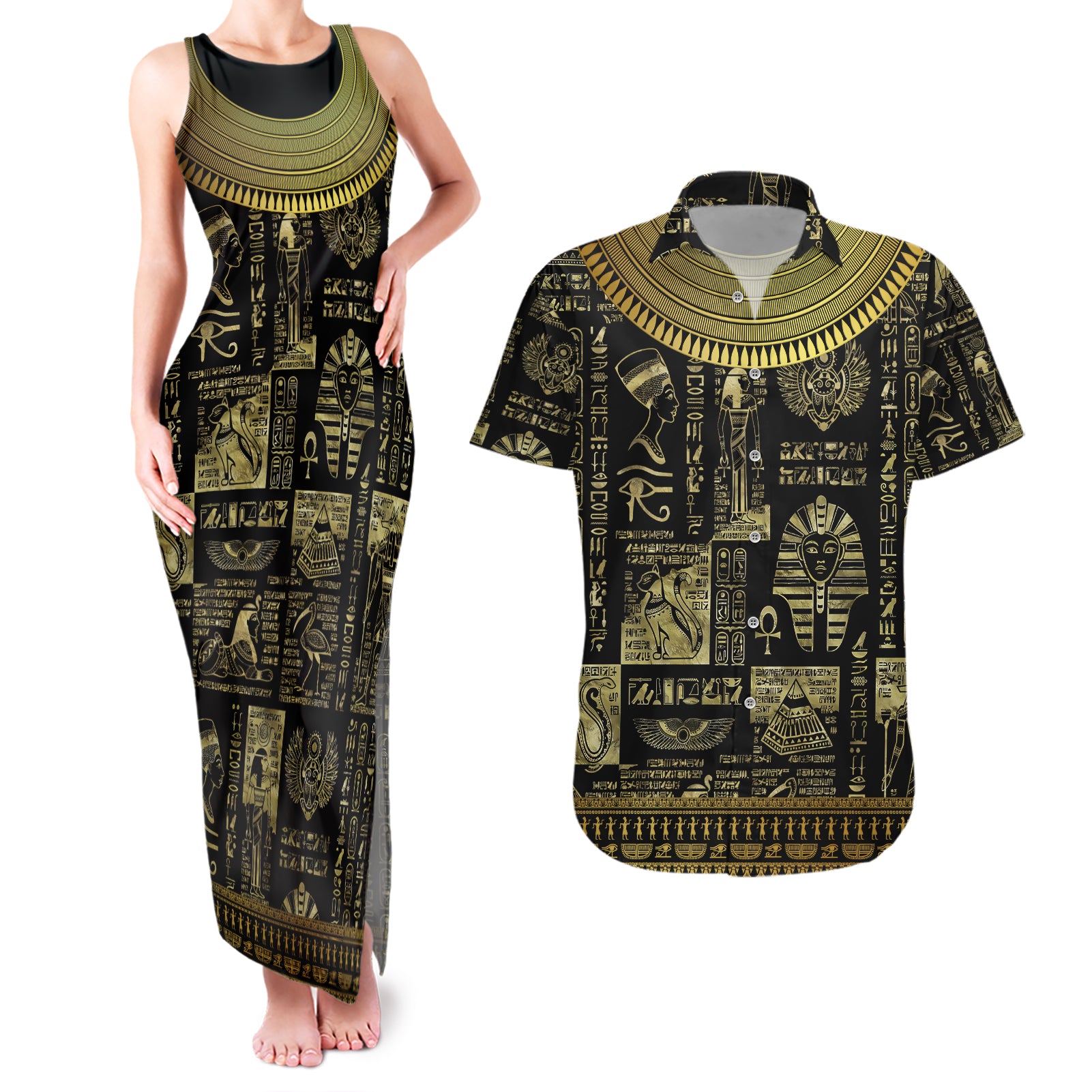 Egypt Pharaoh Couples Matching Tank Maxi Dress and Hawaiian Shirt Egyptian Hieroglyphs and Symbols - Wonder Print Shop