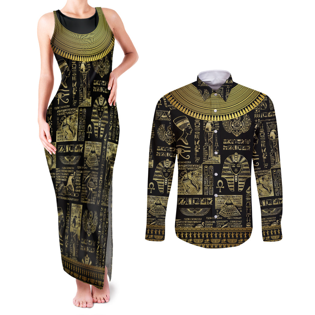 Egypt Pharaoh Couples Matching Tank Maxi Dress and Long Sleeve Button Shirts Egyptian Hieroglyphs and Symbols - Wonder Print Shop