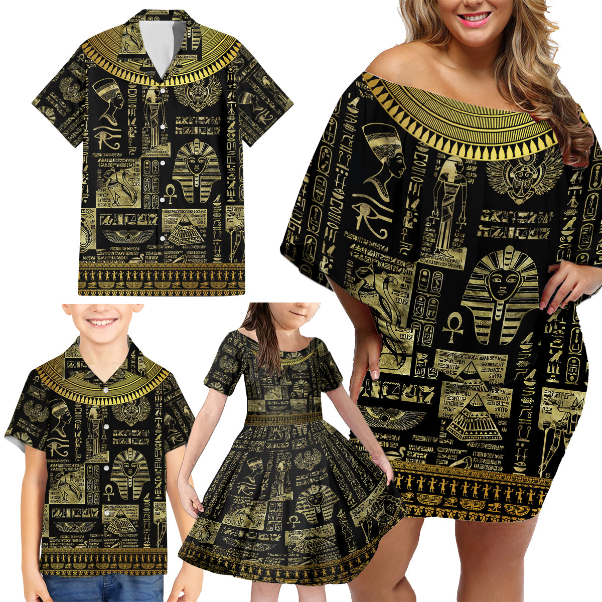 Egypt Pharaoh Family Matching Off Shoulder Short Dress and Hawaiian Shirt Egyptian Hieroglyphs and Symbols - Wonder Print Shop