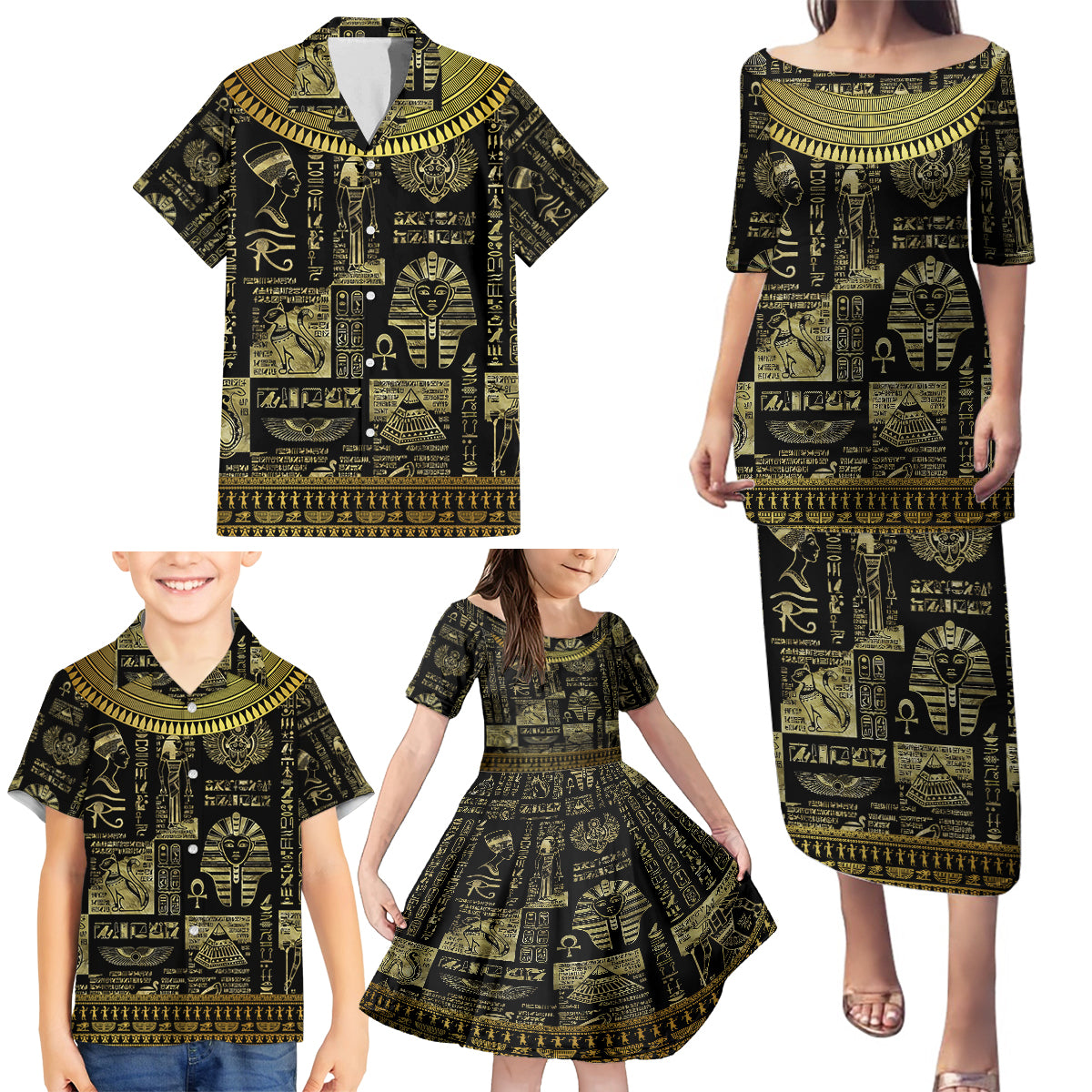 Egypt Pharaoh Family Matching Puletasi Dress and Hawaiian Shirt Egyptian Hieroglyphs and Symbols - Wonder Print Shop