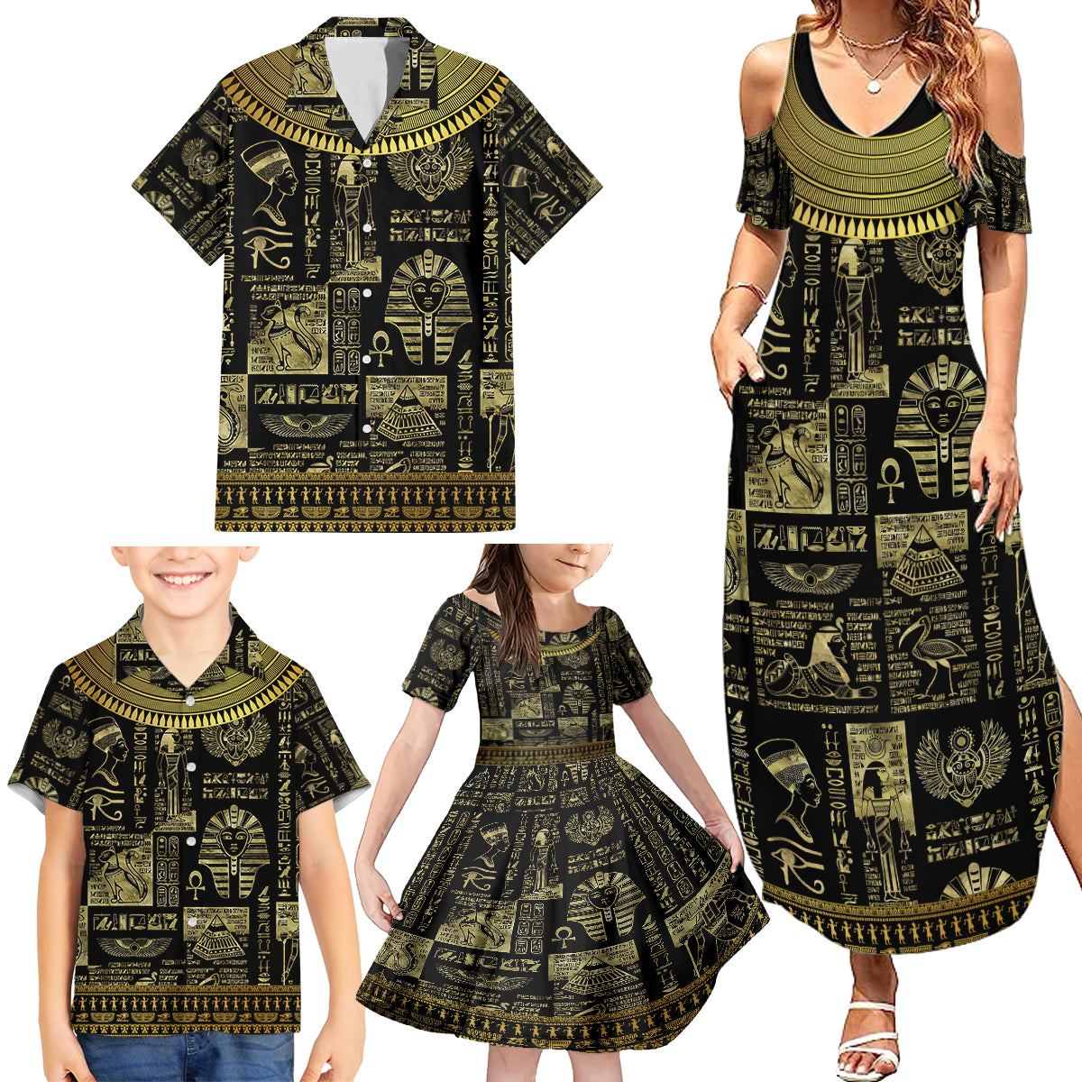 Egypt Pharaoh Family Matching Summer Maxi Dress and Hawaiian Shirt Egyptian Hieroglyphs and Symbols - Wonder Print Shop