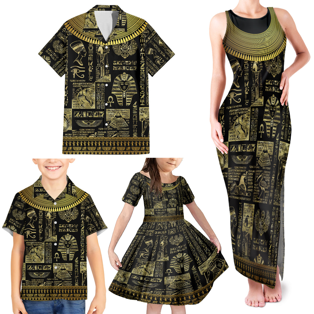 Egypt Pharaoh Family Matching Tank Maxi Dress and Hawaiian Shirt Egyptian Hieroglyphs and Symbols - Wonder Print Shop