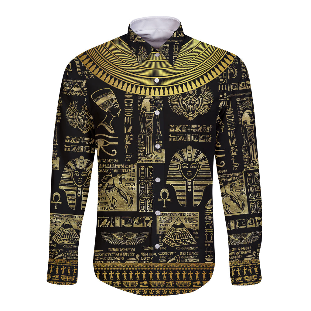 egypt-pharaoh-long-sleeve-button-shirt-egyptian-hieroglyphs-and-symbols