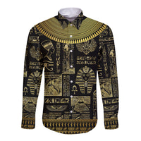Unisex long sleeve button shirt in black with gold Egyptian hieroglyph pattern, front