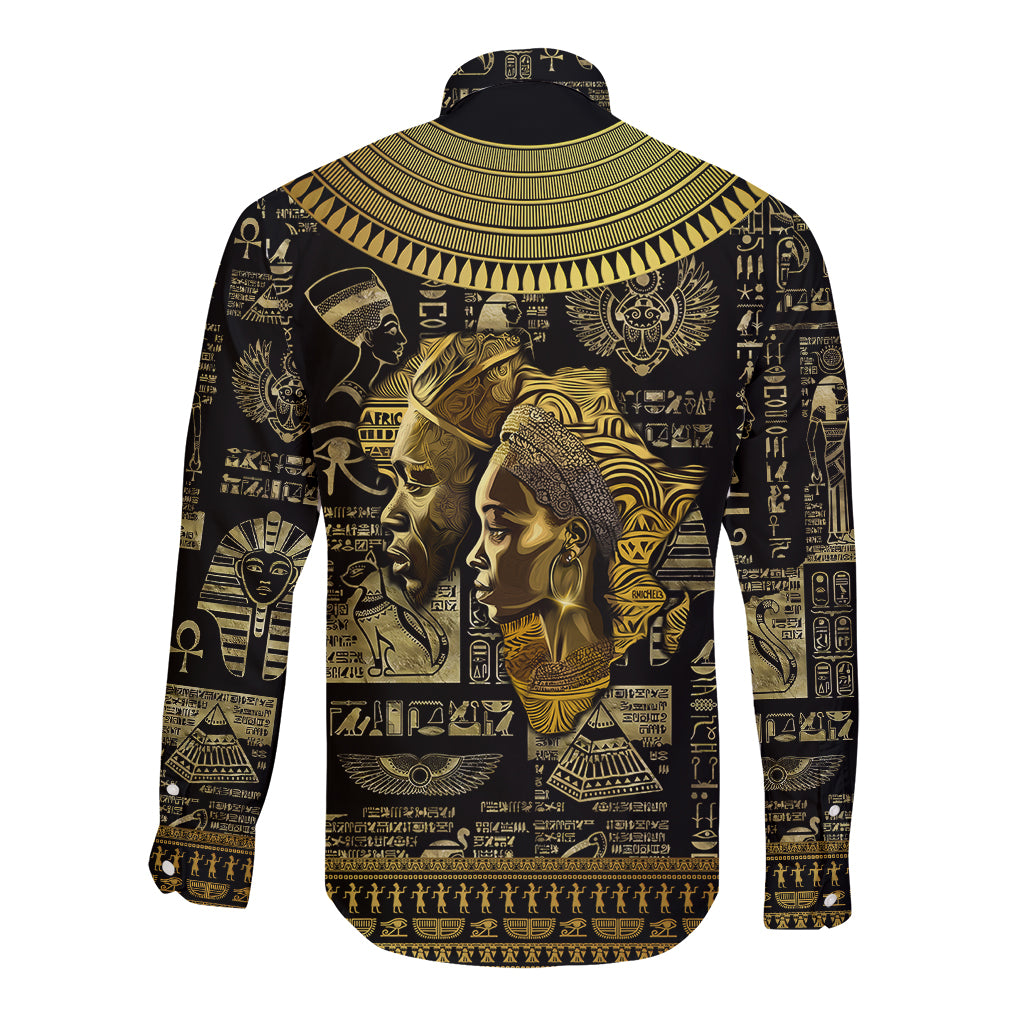 Unisex long sleeve button shirt black with gold Egyptian hieroglyphs, back faces graphic