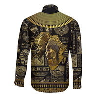Unisex long sleeve button shirt black with gold Egyptian hieroglyphs, back faces graphic
