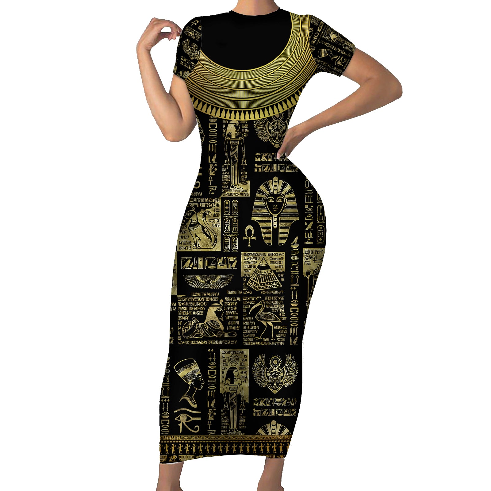 Egypt Pharaoh Short Sleeve Bodycon Dress Egyptian Hieroglyphs and Symbols - Wonder Print Shop