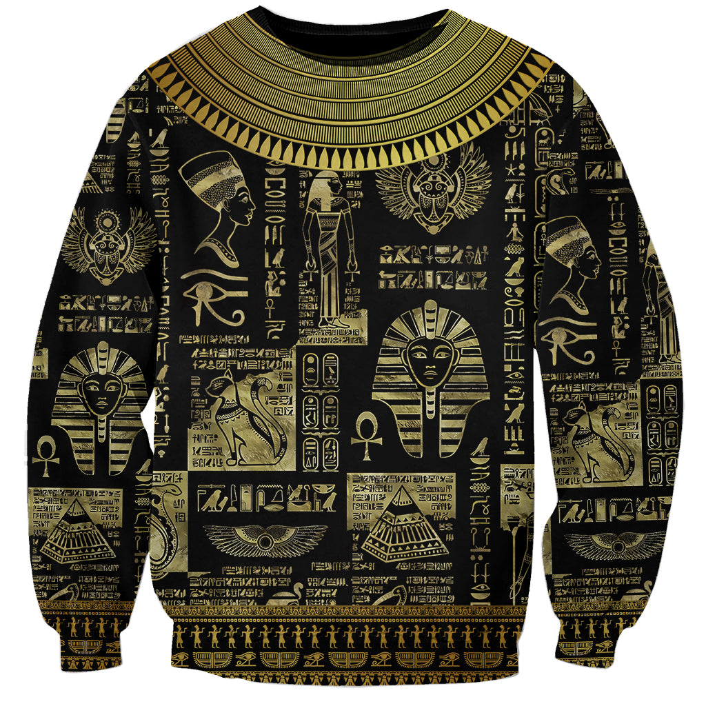 Black unisex crewneck sweatshirt with gold Egyptian hieroglyph pattern