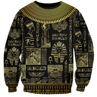 Black unisex crewneck sweatshirt with gold Egyptian hieroglyph pattern