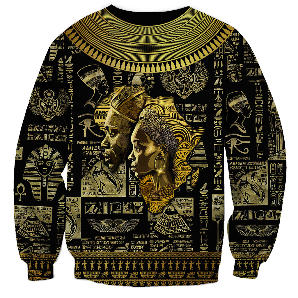 Black unisex crewneck sweatshirt with gold Egyptian mask and hieroglyph print