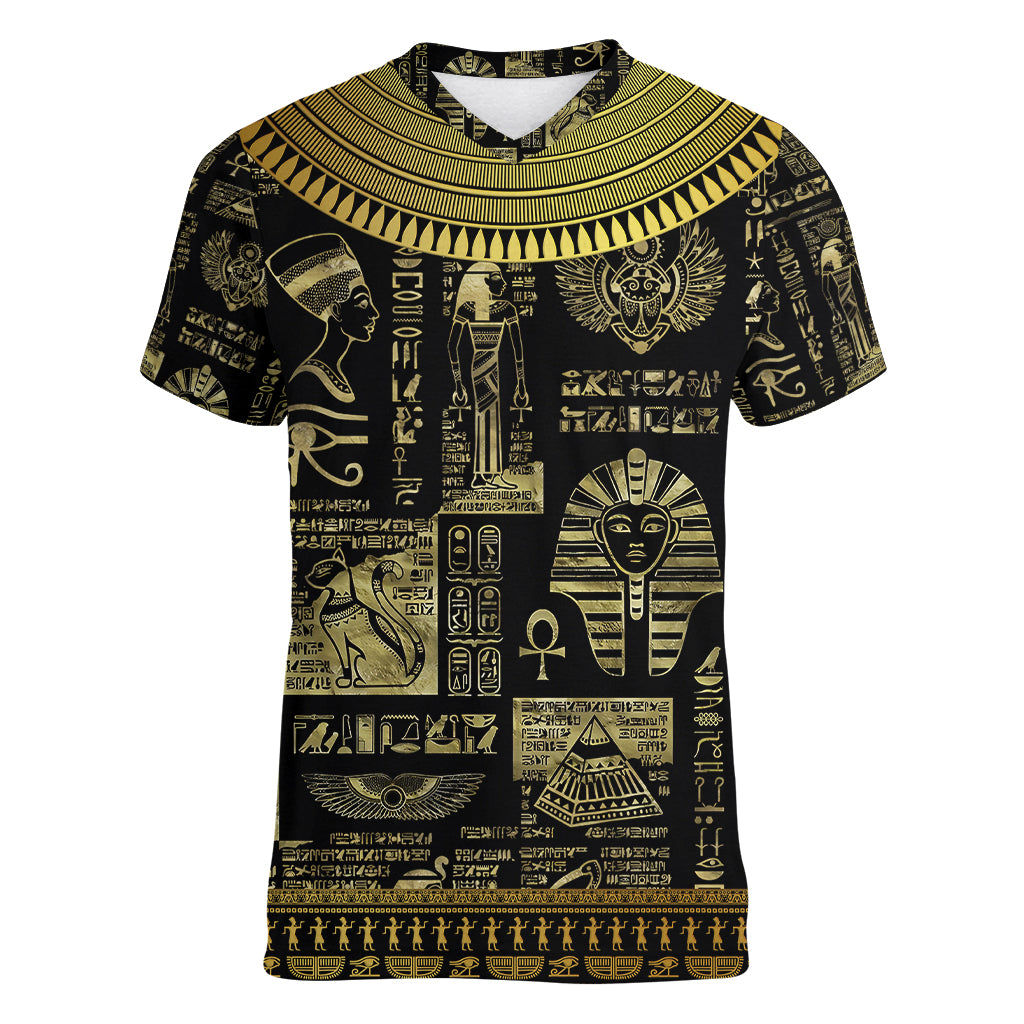 egypt-pharaoh-women-v-neck-t-shirt-egyptian-hieroglyphs-and-symbols