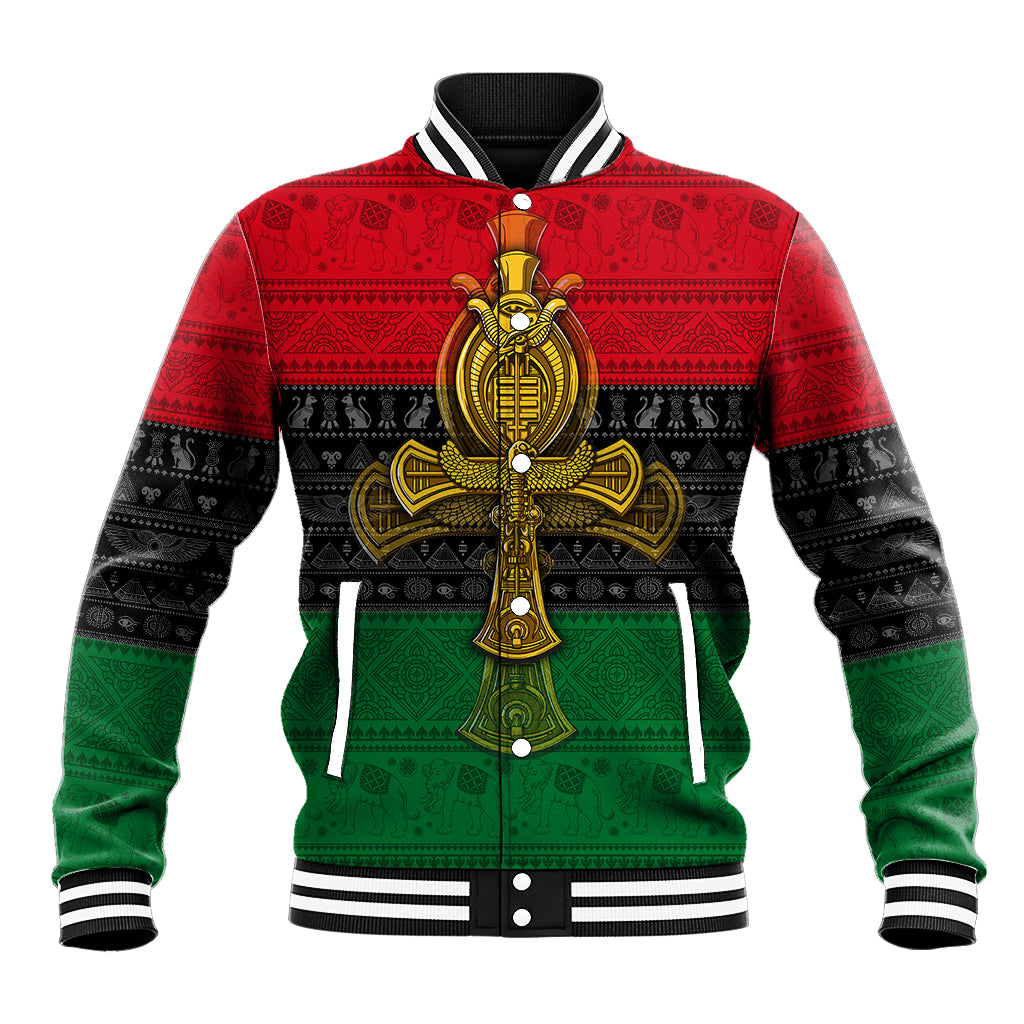 Unisex red, green and black baseball jacket with gold ankh cross emblem, button front